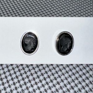 Vintage Roman Soldier Oval Cuff Links In Black Glass W/ Silver Plated Setting